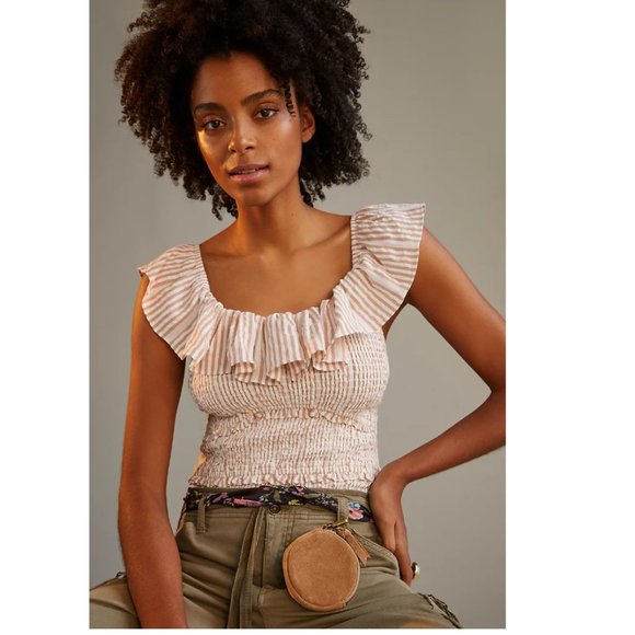 NWT Anthropologie Ruffle Smocked Blouse in Neutral Stripe Size XL - Picture 12 of 12